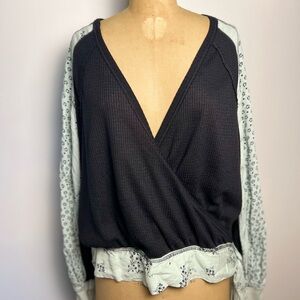 Free People v-neck waffle long sleeve top with mint green sleeves and waist